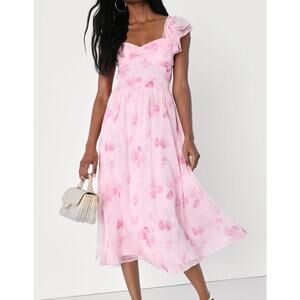 Lulus Loveliest Darling Light Pink Floral Ruffled Tie-Back Midi Dress